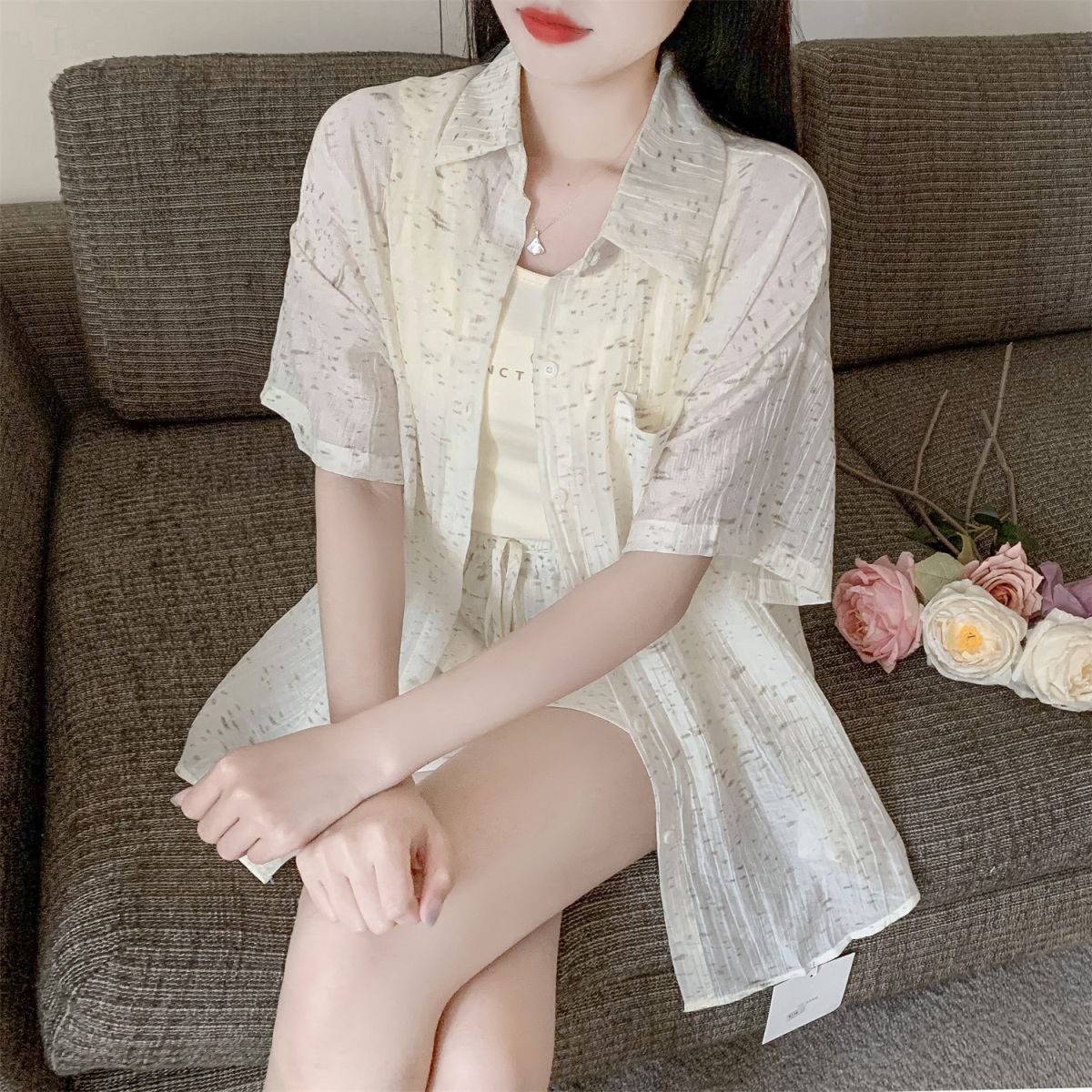 セットアップ 2024 夏 新今週の割引は 25% オフです作 日焼け止めシャツのトップス+サスペンダー+ルーズパンツの3点セット 百掛け 韓国ファッション 涼しく楽ちんセットアップ メガ割