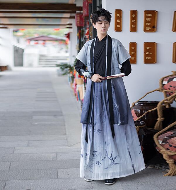 コスプレ衣装 メンズ 漢服5点セット チャイナ服 中華服 ハロウィン 中国古代 時代劇コスプレ衣装 男性 大人 華流 コスム 交差襟 長袖ブラウス ロング 袴風巻きスカート 半袖羽織 グラデーシ 6,853円