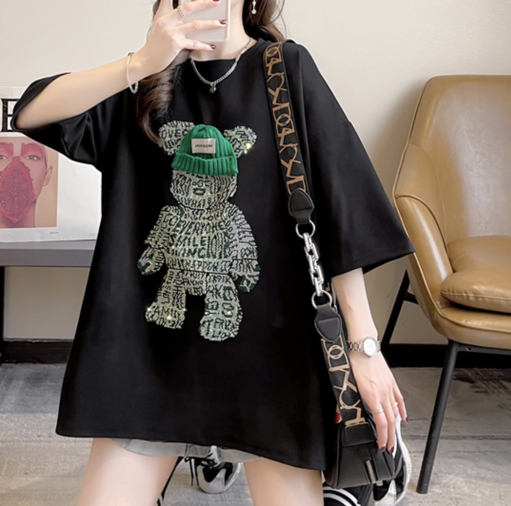 トップス Tシャツ カットソー ビッグT 袖あり 半袖 5分袖 五分袖 ラウンドネック 襟なし ストレート ワイド もこもこ 伸縮性 サテン かわいい カジュアル おしゃれ お洒落 かっこいい