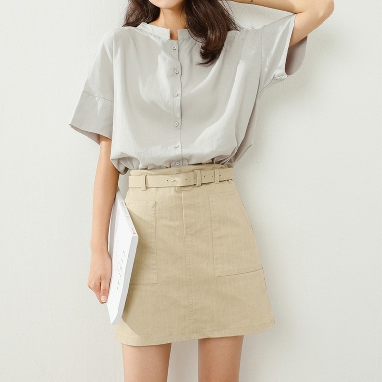 シャツ トップス ノーカラーシャツ レディース スタンドカラーシャツ ブラウス 半袖 ノーカラー スタンドカラー 無地 灰色 白 グレー ホワイト オシャレ シアー シンプル きちんと感 可愛い