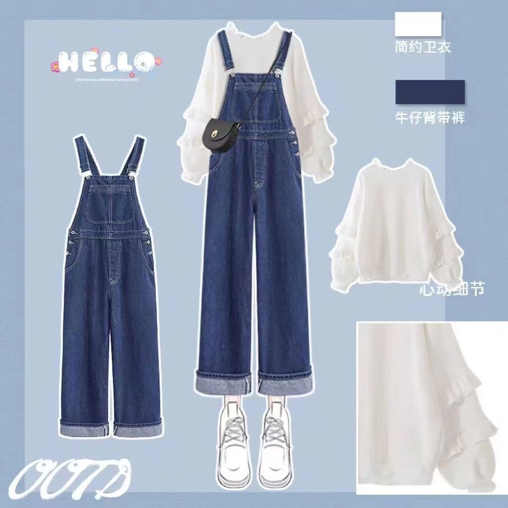 2025秋 スーツ 女子学生 韓版 ゆったりデザイン セーター＋デニムオーバーオール カレッジスタイル 2点セット 母の日 母の日-0008651その他 ワンピース・ドレス