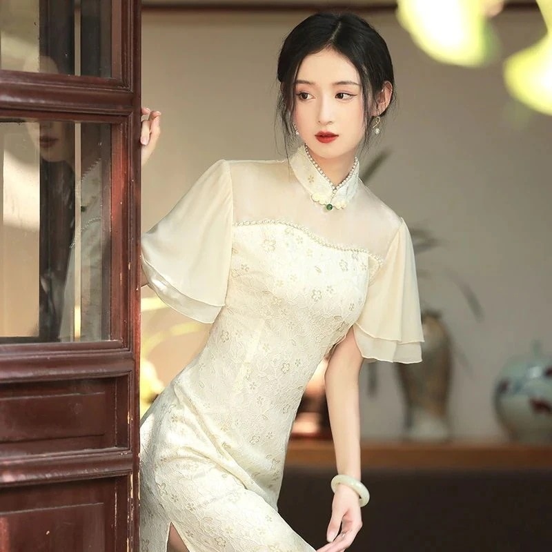 改善された新しい風のチャイナ ドレス 2025 若い女の子小さな新鮮なシャンパン色反転大きな袖夏の若い国セクション国超 母の日 母の日-0008826