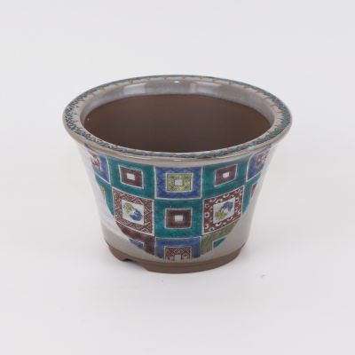 盆栽鉢 九谷焼 石畳 4号 幅12.5cm高さ7.8cm 陶器鉢 陶器 ミニ盆栽 ミニミニ 幾何学模様 手書き 山野草鉢 植木鉢 絵付け 丸反型鉢 盆栽妙