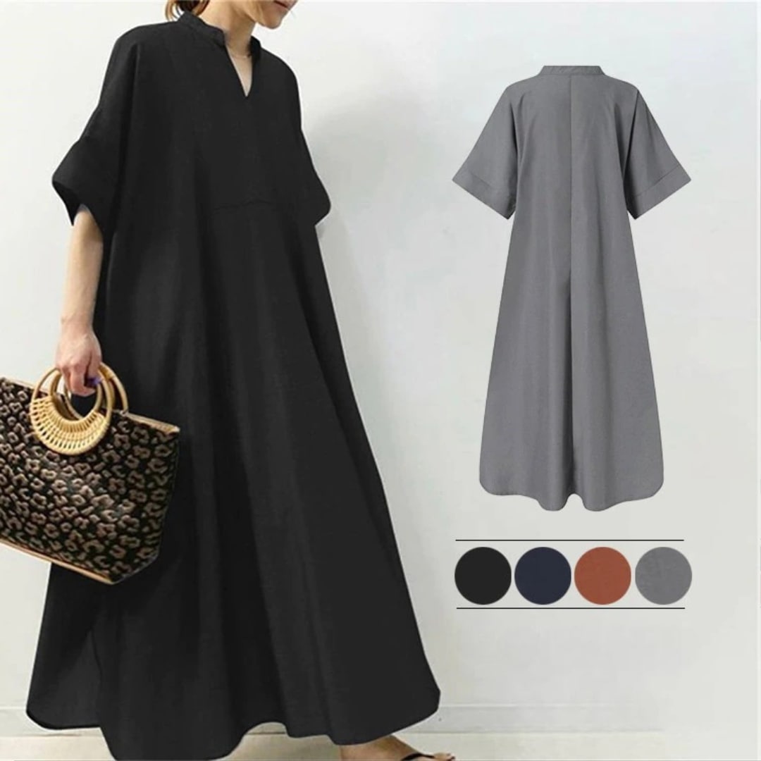 レディース ワンピース ロング 半袖 5分袖 スタンドカラー フレア Aライン かわいい 大人可愛い きれいめ シンプル カジュアル 上品 おしゃれ かっこいい レトロ こなれ感 ラフ デート