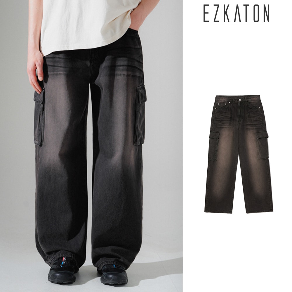 [EZKATON] Brushed Washing Cargo Denim Pants