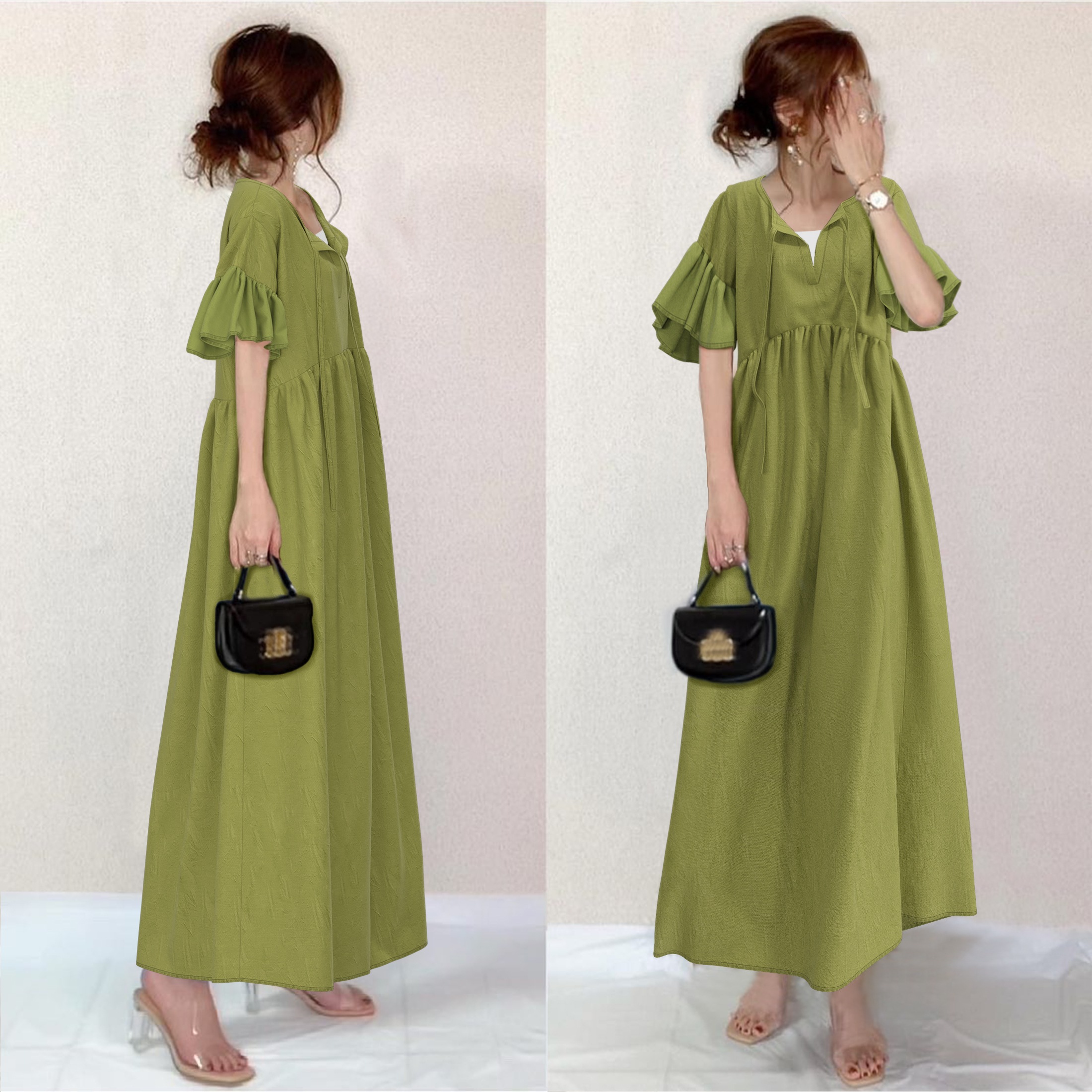 【韓国の人気爆発】 おしゃれ度高め シンプル ギャザー ボウタイ 無地 ギャザー飾り Vネック カジュアル ワンピース