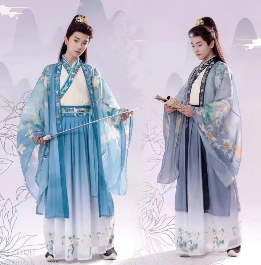 漢服 大人 男女兼用 中華コスプレ衣裳 振袖の羽織付き 華やか3点セット メンズ レディース 爽やか 飄逸 グラデーション チャイナ服 花柄プリント 交差襟 袴風 おしゃれ 華流 ハロウィン コスプレ