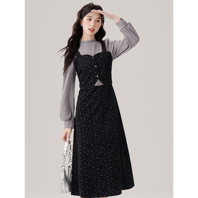 【急速出荷】送.料.無.料.ハーフハイネックプリントキルティング 長袖 スリム花柄 ロングスカート ワンピース 5,467円