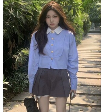 ショート丈チェック柄ブラウス 袖あり 長袖 トップス 爽やか ショー丈 可愛い きれいめ シンプル 流行り 上品 おしゃれ かっこいい 大人可愛い ガーリー こなれ感 キュート 爽やか ナチュラル 柄