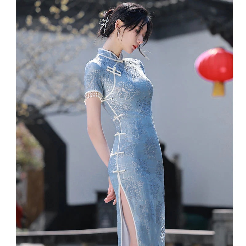 青いチャイナ ドレス 2024 エレガントで若い女性の夏のドレス ロング ハイエンド ガーリー スタイル 母の日