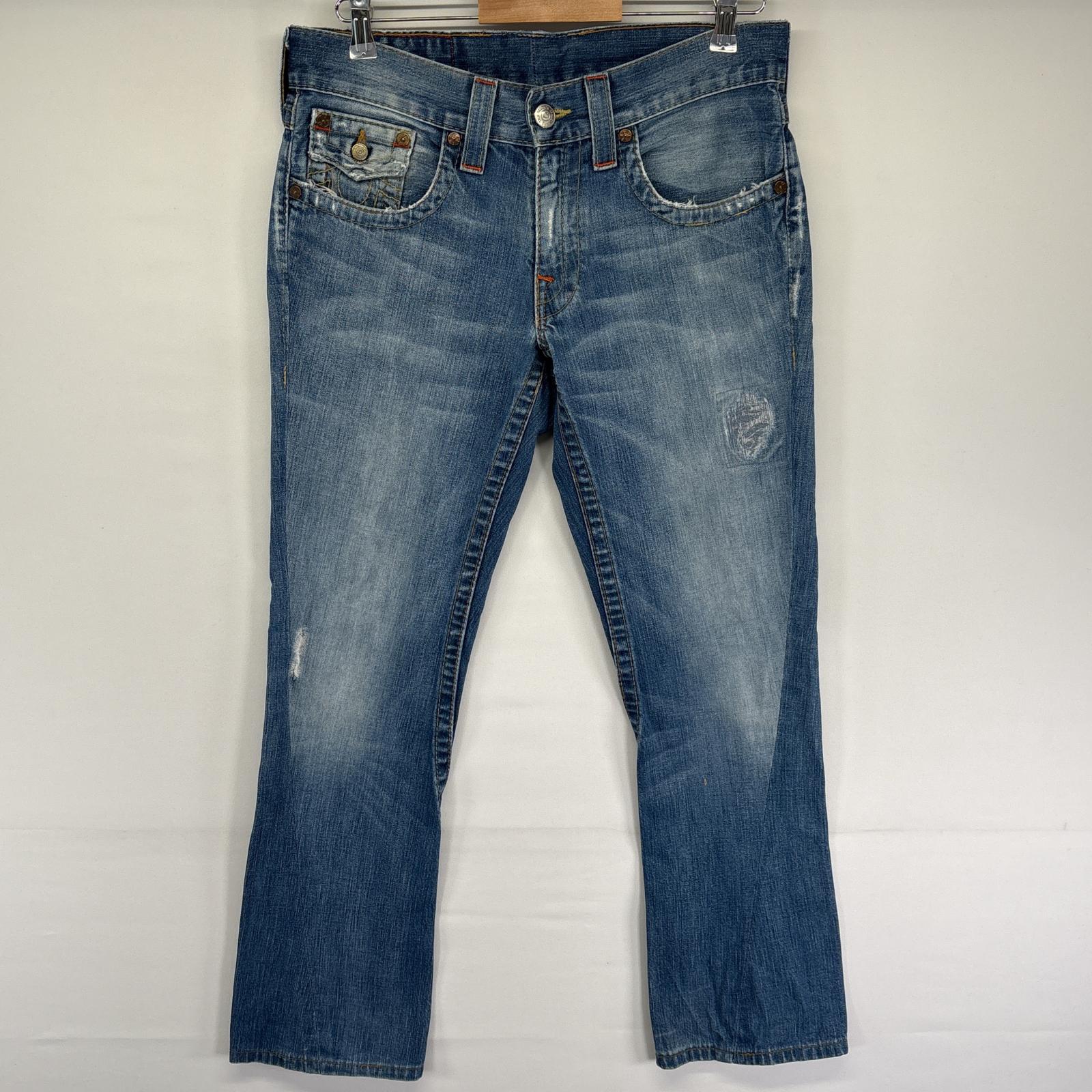 古着 デニムパンツ ダメージ加工 5ポケット 刺繍 ジーンズ ジーパン 色落ち w31 L33 ブルー メンズ