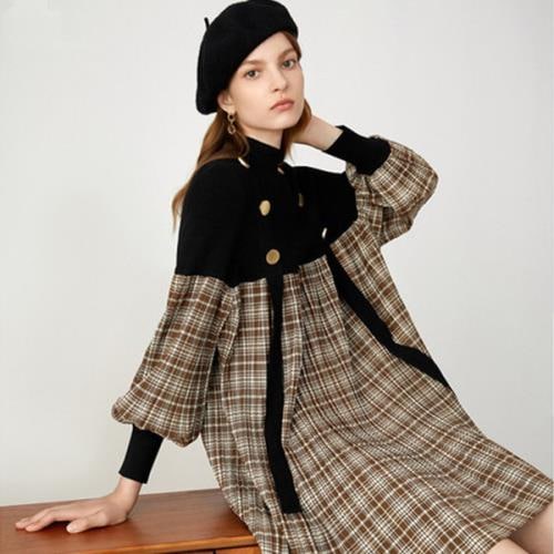 6月の新製品期間限定オファー ワンピース 英国風 レトロ 韓国 無地 チェック柄 ボトルネック 秋 冬 長袖 ショート丈 おしゃれ 可愛い オルチャン レトロ プリーツ ヴィンテージ ボリューム袖 袖