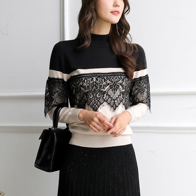 トップス セーター プルオーバー レディース 秋冬 きれいめ ゆったり ゆったり 長袖 萌袖 ハイネック スリム タイト レース プルオーバー 黒 ブラック 大人カラー モノトーン 春カラー 秋カラー