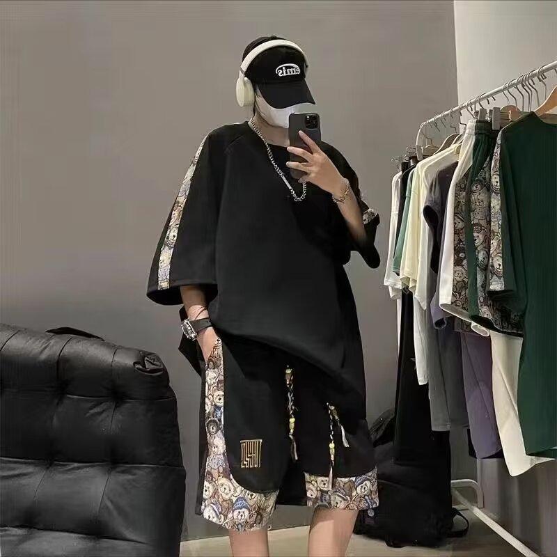 (girl shop)新品販売 新作 セットアップ メンズ 男女兼用 綿麻セット 2点セット ボーダー柄 切り替え Tシャツ 7分丈カジュアルゆったり 薄手 涼しい おしゃれ 大人 運動 2枚購入で2