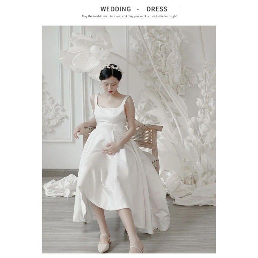 ウェディングドレス 妊娠ドレス タンクトップ ミモレドレス 妊婦さんOK スクエアネック 後ろリボン サテン 背中開き 袖なし ノースリーブ フィッシュテール 肩出-190