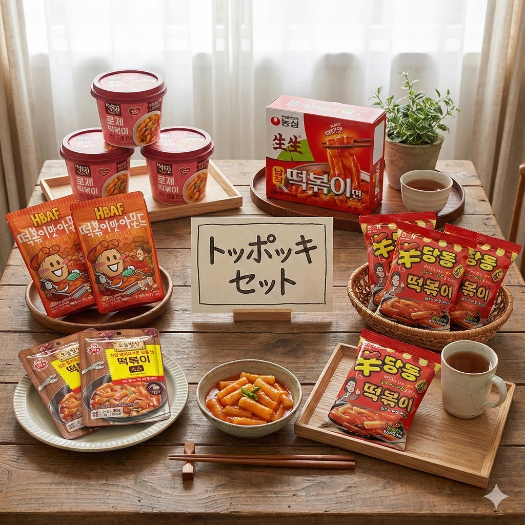 韓国のトッポッキセット,トッポッキ麺+新堂洞トッポッキスナック+オトギトッポッキソース+ロゼカップトッポッキ+トッポッキ味アーモンド(free giftザンマンルピーステッカー1枚)