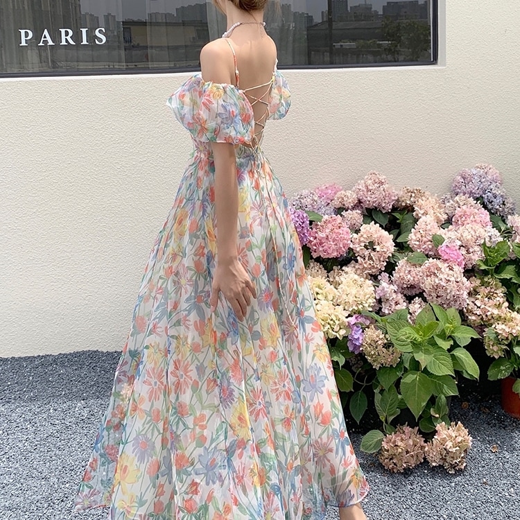 ワンピース レディース ロングワンピース S M L 韓国 ロング丈 ボリューム袖 パフスリーブ オフショルダー オフショル バックシャン バックコンシャス バッグレースアップ Aライン 大人可愛い