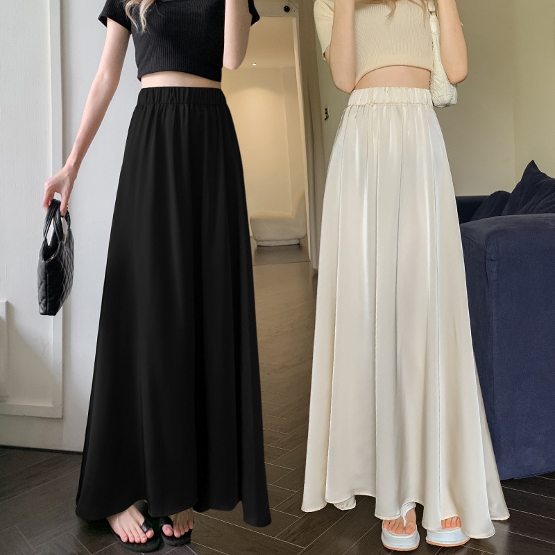 アシッドビネガーサテンスカート2024レディース春秋夏ミドル丈スリムでドレープ感のあるaライン大きな裾スカート