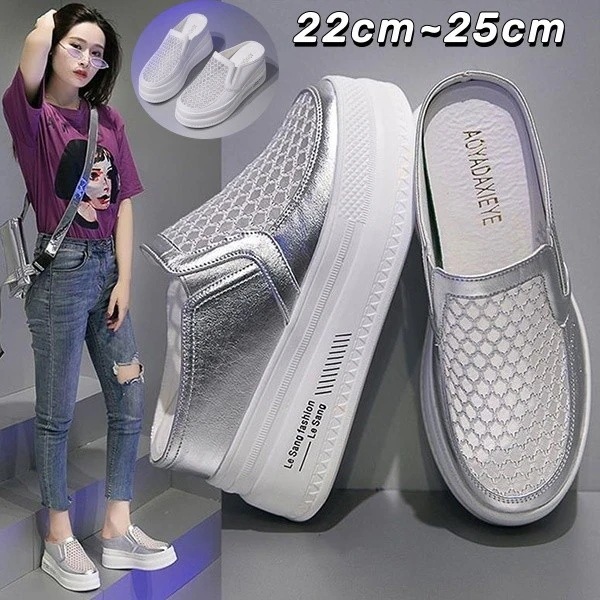 サンダル厚底サンダルスニーカー サンダル レディース 厚底 通気性 透け感 メッシュ シースルー つっかけ フラット ヒール6cm かかとなし 小さいサイズ シルバー ホワイト 普段履き サボサンダル