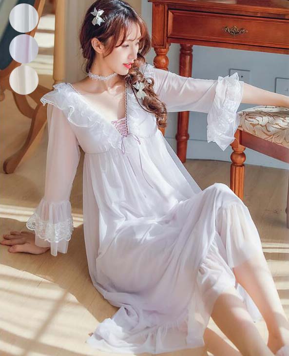 お姫様風 パジャマワンピース レディース 快適 パッド付き レース付き 可愛い ネグリジェ Vネック パジャマ ルームウェア 部屋着 婦人パジャマ 薄手 ナイトガウン 寝巻き ナイトウェア ランジェリ