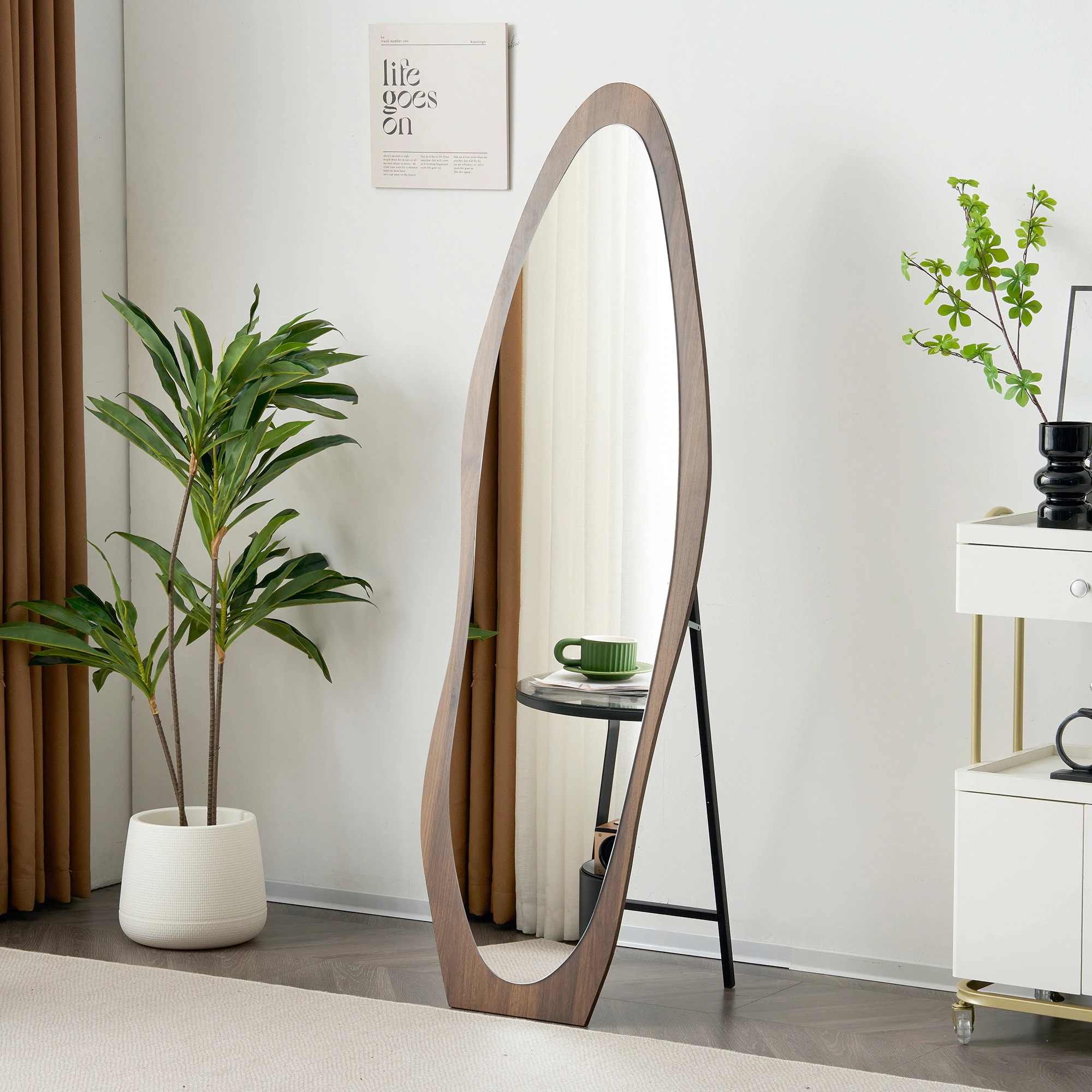 全身鏡 ウェーブミラー 姿見鏡 木目調 スタンドミラー 壁掛けミラー 立てかけ 姿見 鏡 ミラー おしゃれ 飛散防止 160*50CM ブラウン MDF+gl