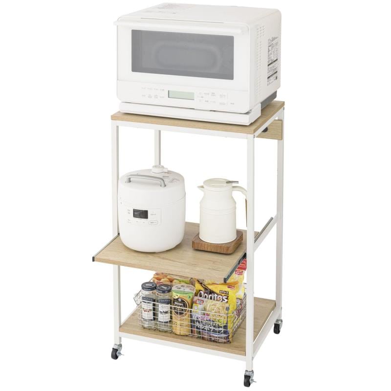 使いやすさとおしゃれを両立！2口コンセント＆スライド棚付き レンジ台 幅50cm キャスター付き キッチンラック 幅52.5×奥行41×高さ90.5cm RGC-3NA