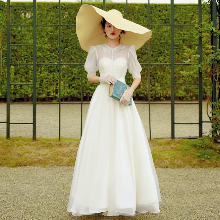 バルーンスリーブ ウェディングドレス パーティードレス ロングドレス レディース 半袖 襟付き Aライン フォーマル ファスナー ハイウエスト 透け感 シアー エレガント フォーマル ラグジュアリー