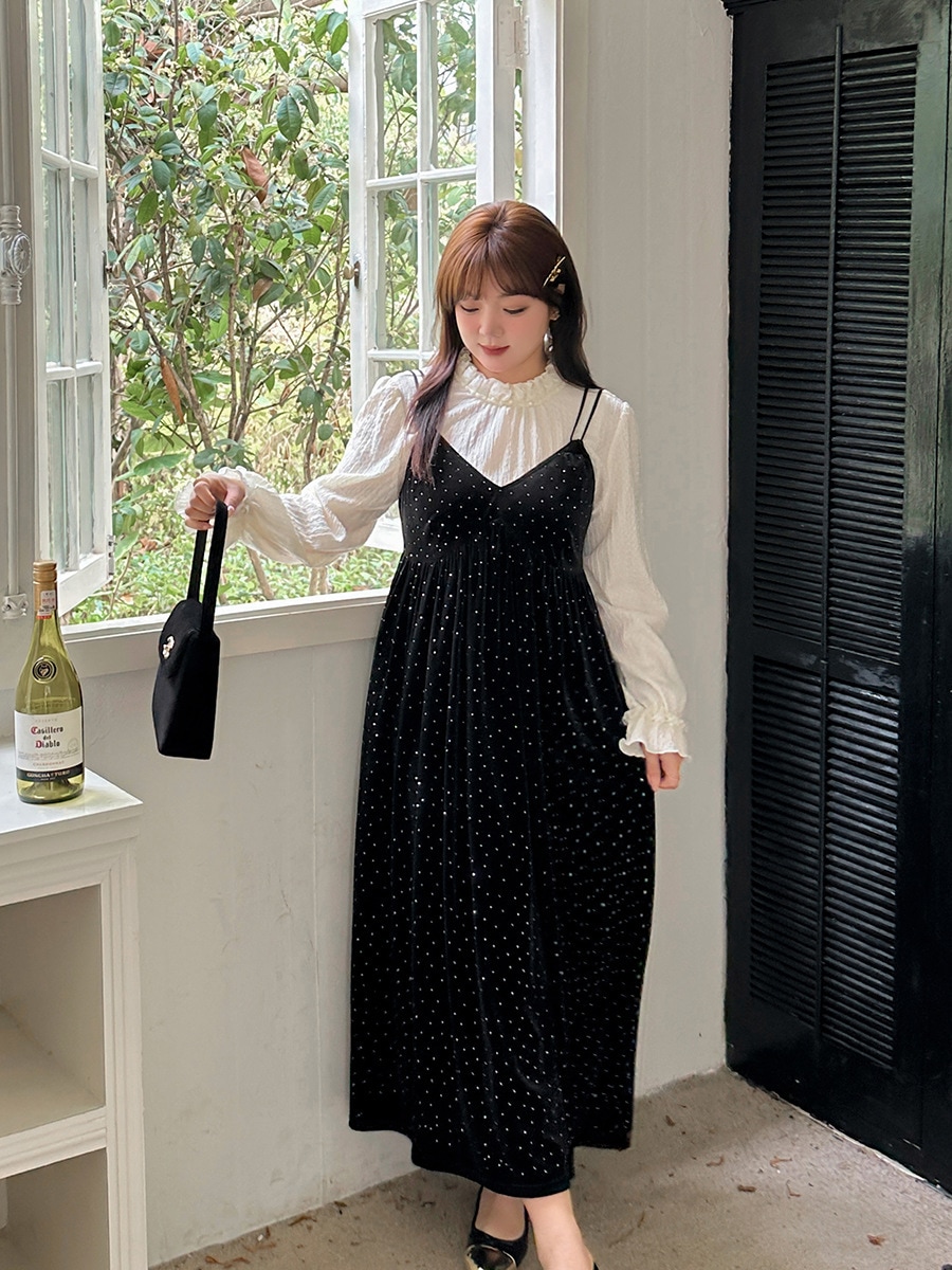 【ぽちゃまに】 2024秋新品 2セット お姫様のワンピースセット ブラウス+キャミワンピース 大きいサイズ 体型カバー レディース セットアップ メガ割