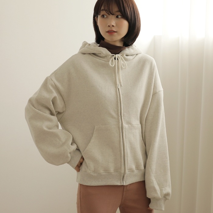[韓国ファッション] 裏起毛 オーバーシルエット ジップアップパーカー