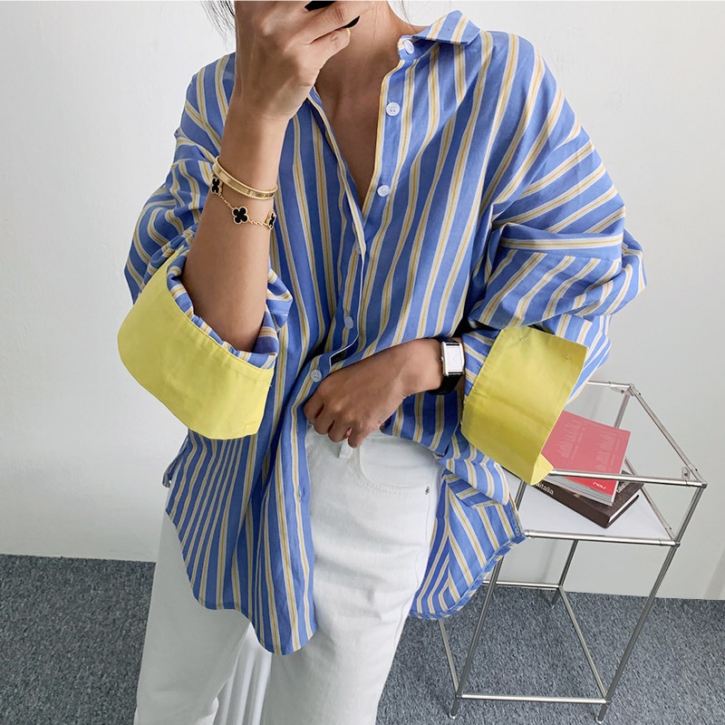 コントラストカラーストライプシャツ ストライプシャツ レディース ブルーシャツ 長袖シャツ ストライプ シャツ. ブラウス フレンチシック レトロシャツ トップス カジュアル ママコーデ お仕事コーデ