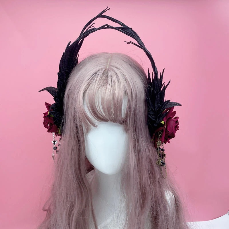ダークフェザーローズオリジナル羽をパレスに成形可能ダークスタイルローズサイドクロリータゴシックヘッドウェアハロウィン