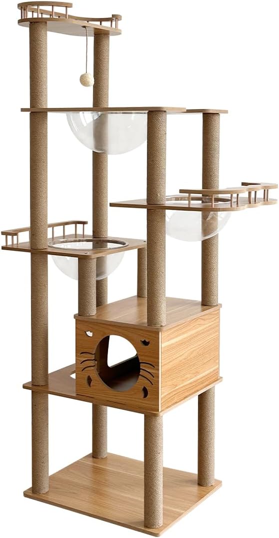 日本メーカー RAKU キャットタワー 宇宙船付き ハイタイプ 高さ約183.5 cm 木製 据え置き 多機能 爪とぎボール ホワイトコットン支柱 柵付き展望台 猫ハウス 四角型土台 高い安定性