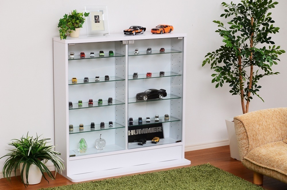 ラック 棚 ガラス コレクション 飾り棚 扉付き おしゃれ スリムラック 薄型 ディスプレイ キャビネット 薄型浅型ロータイプ 幅90cm