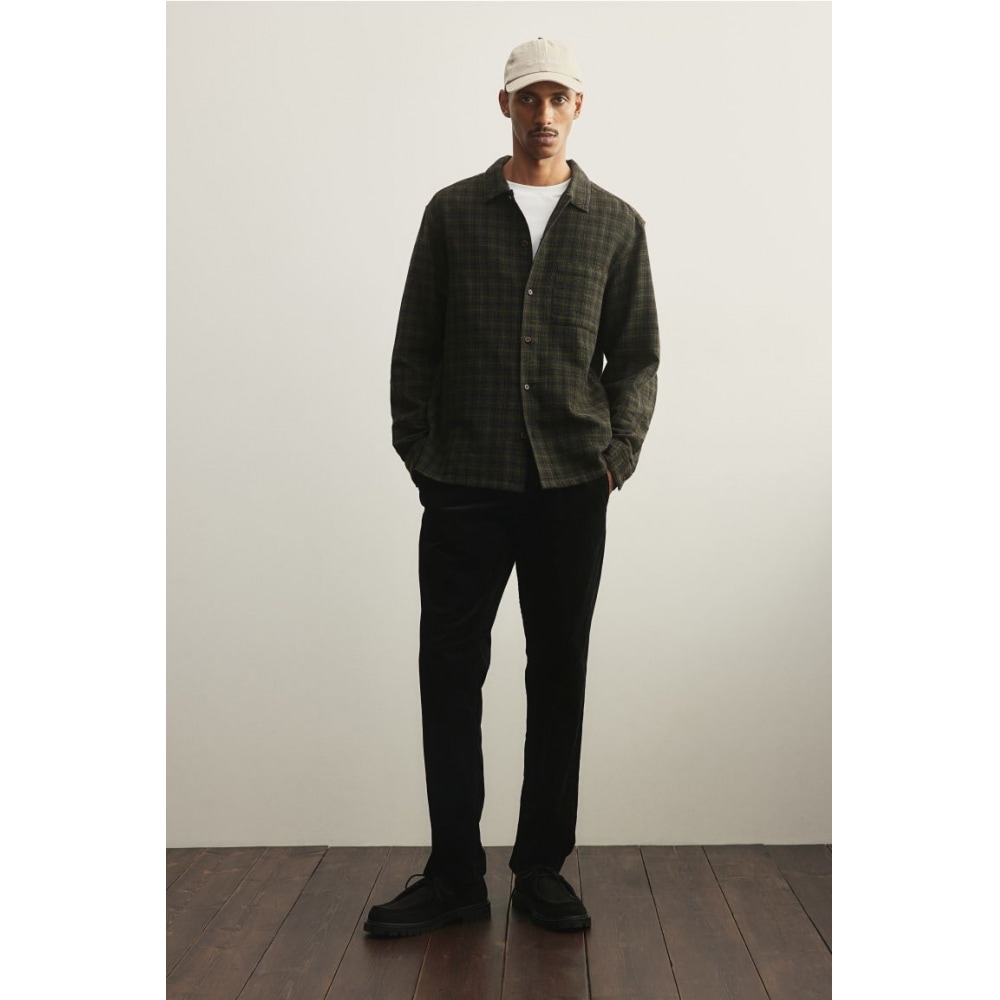 H&M コットンシャツレギュラーフィットダークグリーン/チェック