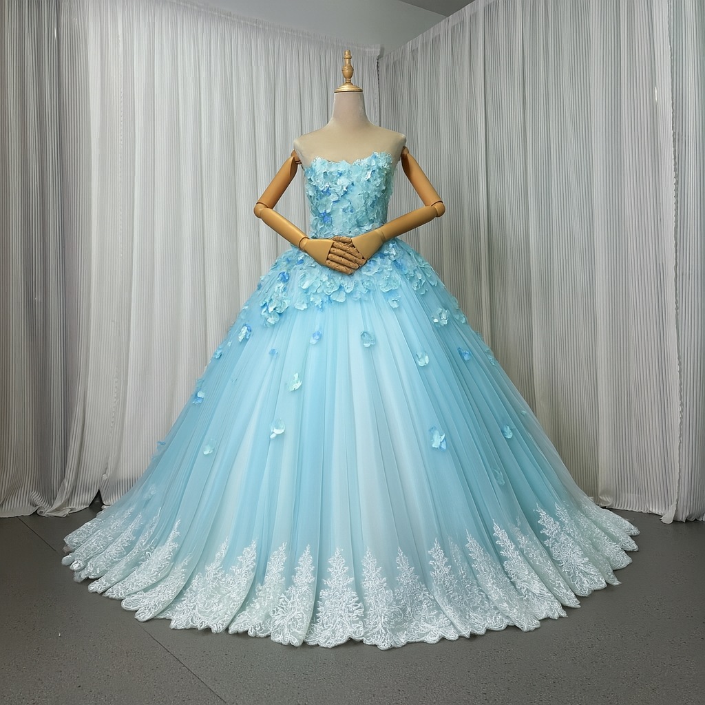 カラードレス 爽やかで優しいブルー 3D立体レース刺繍 ふっくら柔らかなバックリボン 繊細レース 華やかなトレーン フレアスカート 披露宴/結婚式