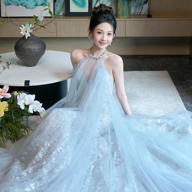 モーニンブライトウェディングドレススーパーブルーアウティングベール花嫁結婚式イブニングドレス女性用
