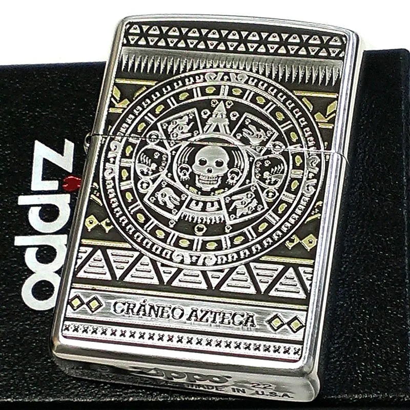 ZIPPO アステカンスカル 石盤 骸骨 十字架 ジッポ ライター シルバーイブシ 彫刻 両面加工 クロス ドクロ メンズ ギフト プレゼント かっこいい