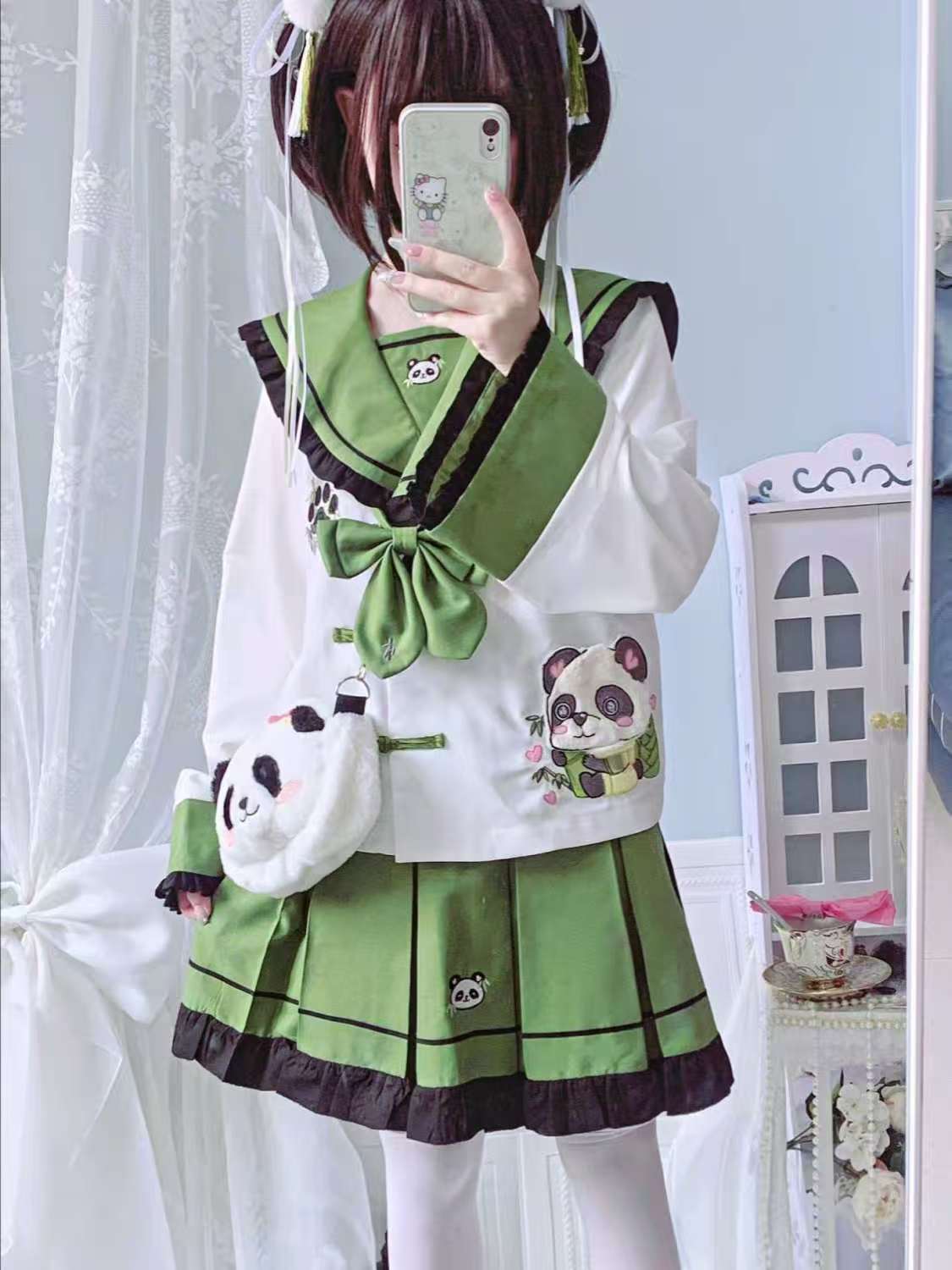 パンダテーマのかわいい中国風半袖スカートスーツ新しい春と秋のスーツ