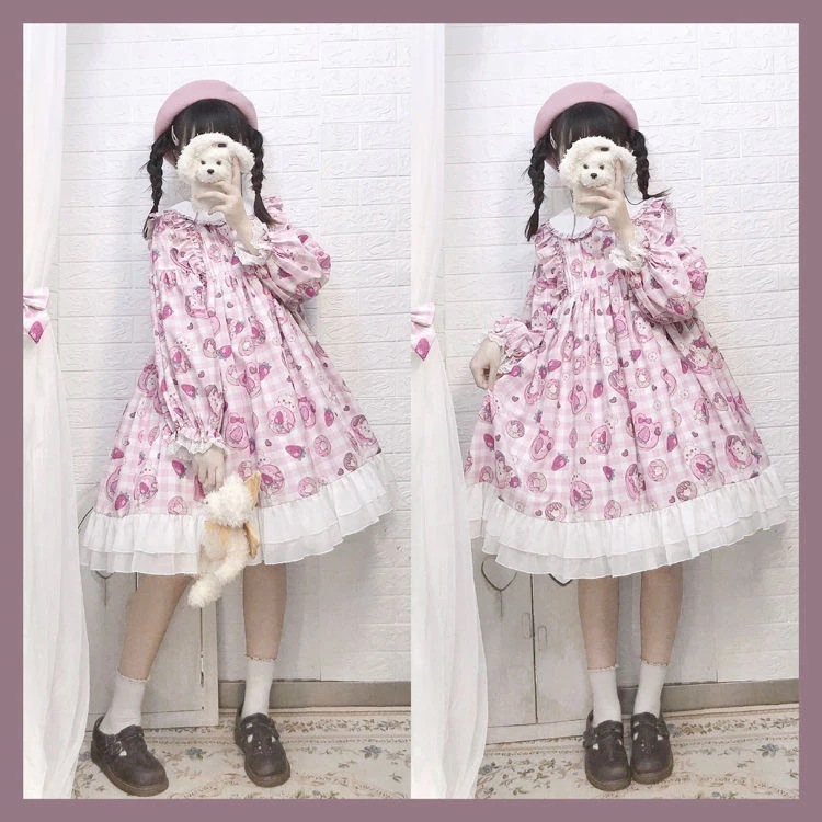 和服コスチュームコスチュームロリータ ピンク かわいいクマ ロリータドレス オリジナル