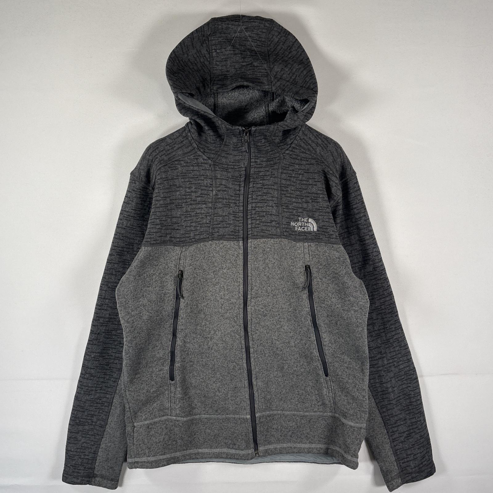 古着 フルジップフリースジャケット パーカー ニット ツートン ワンポイント L ダークグレー メンズ