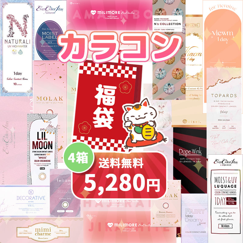 カラコン 福袋 4箱セット 選べる度数 ワンデー 1day 度あり 度なし お試し ナチュラル系 高発色系 まとめ買い ギフト アウトレット 福袋 2025　水光カラコン 細フチ 1日使い捨て