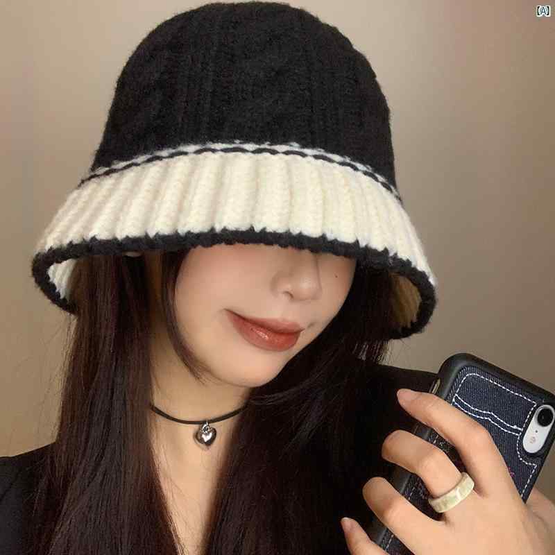 レディースファッション　ファッション小物　オシャレ 春秋 カラー ブロック ニット ウール フィッシャーマン ハット 韓国 顔 出し 小柄 バケット 和風 大きい頭囲 帽子