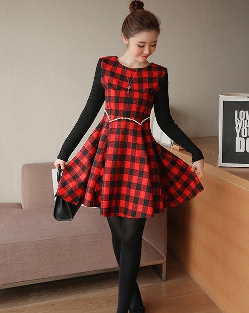 1176. チェック柄重ね着風ワンピース（レッド）