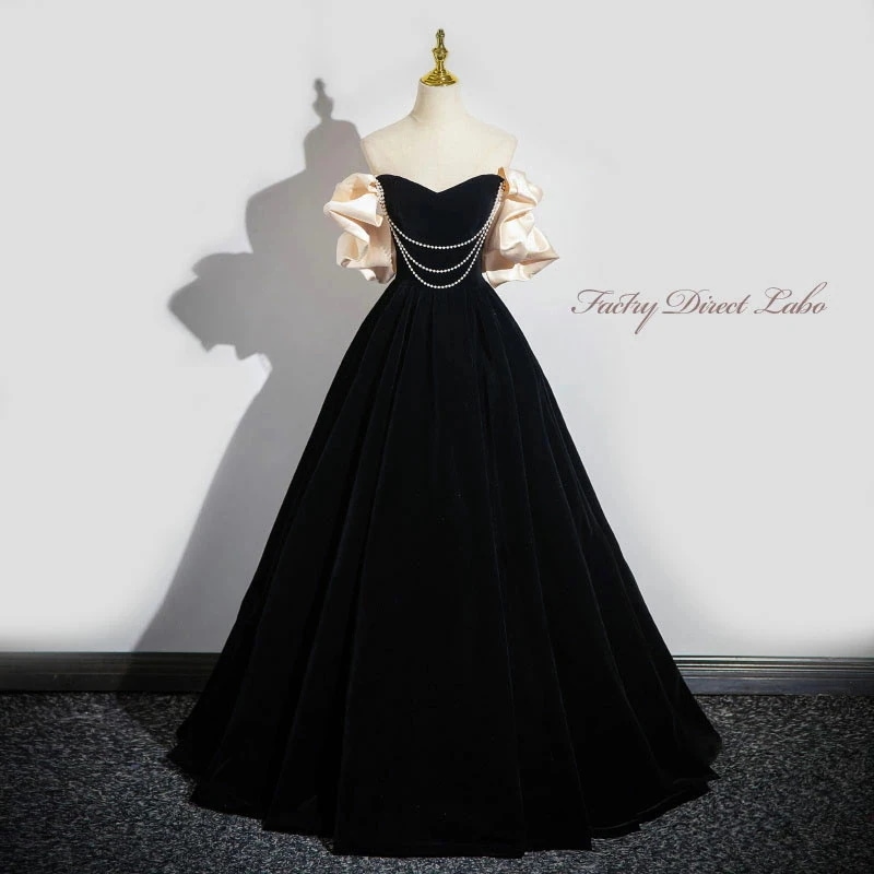 カラードレス 3way ロングドレス ブラック つけ袖 黒 パール パーティードレス ウェディングドレス ウエディングドレス 結婚式 二次会 花嫁 前撮り 演奏会 発表会 カクテルドレス ブライダル