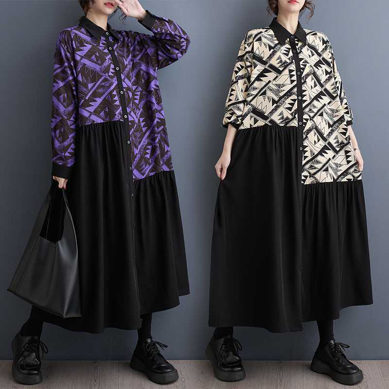 「ファットガール」 春 柄ワンピース レトロ ドッキング 長袖 レディース 体型カバー ロングワンピース30%までに制限