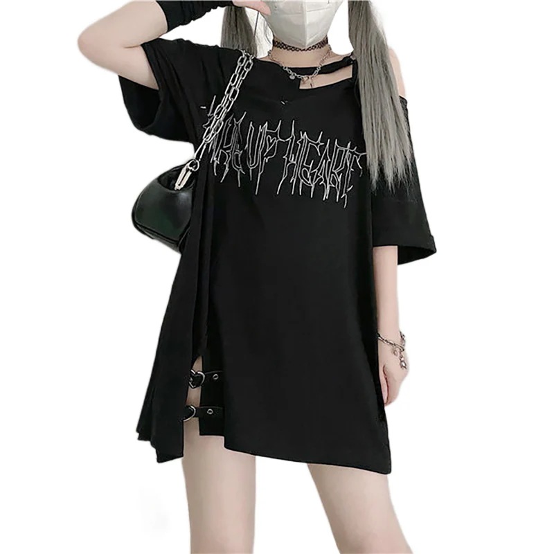 大人気！ 肩出し Tシャツ トップス 地雷 ギャル 病みかわ お洒落 ライブ ロック 原宿 可愛いデザ 夏季 セクシー Tシャツ カットソー