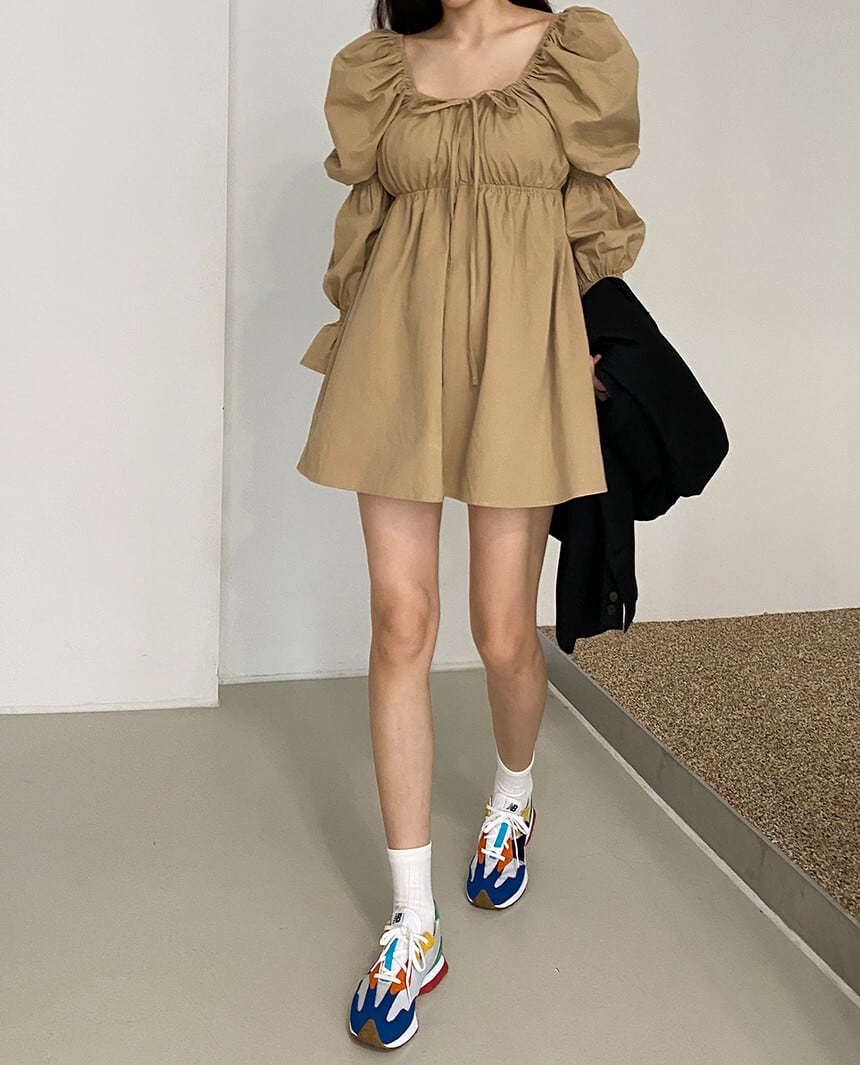 2color レディース ワンピース ドレス ボリューム袖 ミニ丈 ミニワンピース ミニ リボン