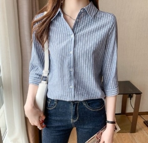 ストライプ柄長袖ブラウス カジュアルトップス トップス ロング丈 袖あり 綿 爽やか スタイル 可愛い きれいめ シンプル カジュアル 上品 おしゃれ かっこいい レトロ アジアン