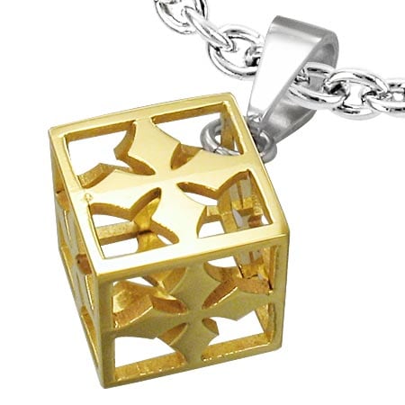 ゴールドクロスボックスペンダントトップ ステンレス 十字架 六面体 3D 立体 男性 女性 キューブ