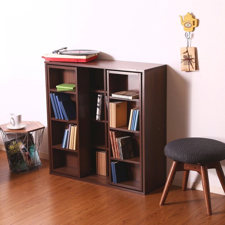 本棚 おしゃれ ダブルスライド 89×29×89cm ミディアムブラウン